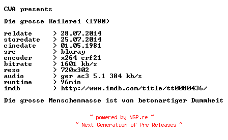 NFO for the release Die.grosse.Keilerei.1980.German.BDRip.x264.iNTERNAL-CWA by CWA