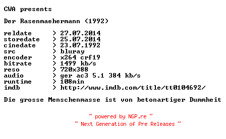 NFO for the release Der.Rasenmaehermann.1992.German.BDRip.x264.iNTERNAL-CWA by CWA