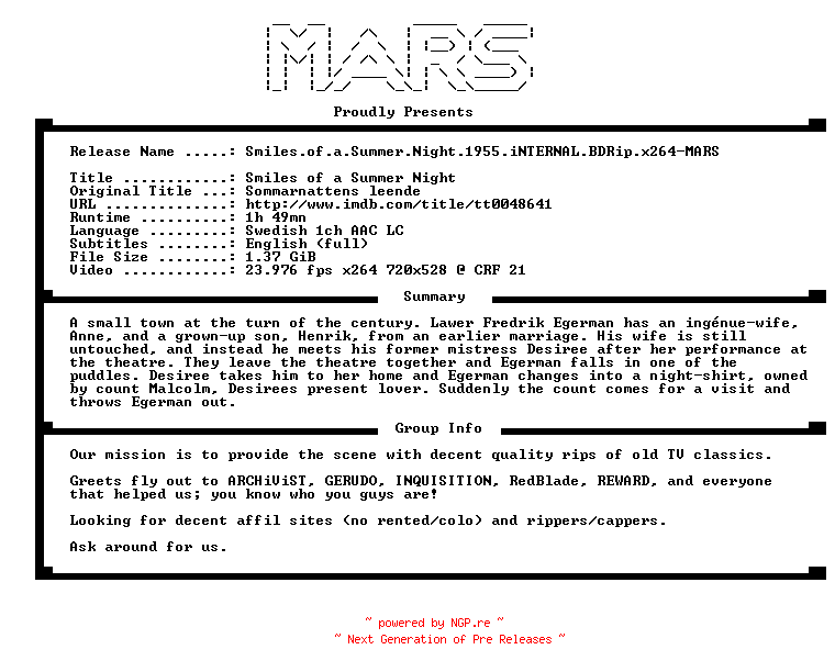NFO for the release Smiles.of.a.Summer.Night.1955.iNTERNAL.BDRip.x264-MARS by MARS