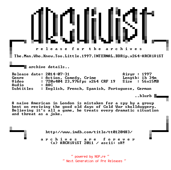 NFO for the release The.Man.Who.Knew.Too.Little.1997.INTERNAL.BDRip.x264-ARCHiViST by ARCHiViST