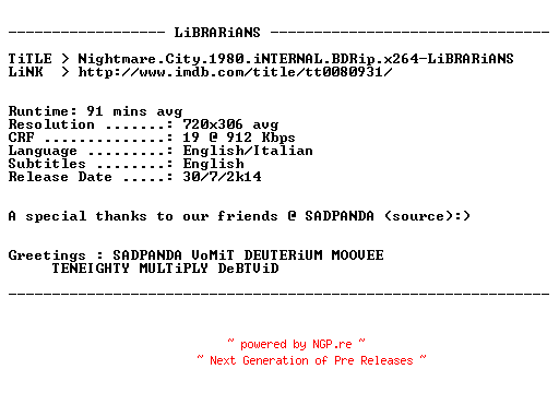 NFO for the release Nightmare.City.1980.iNTERNAL.BDRip.x264-LiBRARiANS by LiBRARiANS