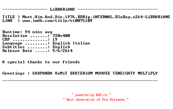 NFO for the release Meet.Him.And.Die.1976.BDRip.iNTERNAL.BluRay.x264-LiBRARiANS by LiBRARiANS