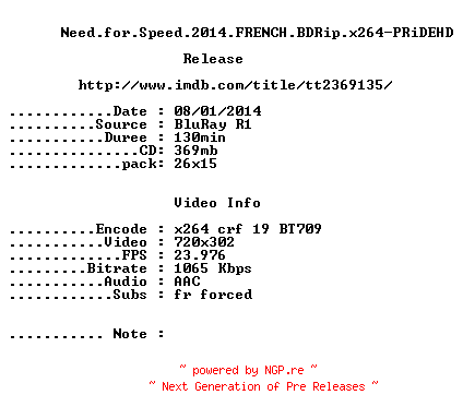 NFO for the release Need.For.Speed.2014.FRENCH.BDRip.x264-PRiDEHD by PRiDEHD
