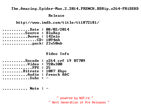 NFO for the release The.Amazing.Spider-Man.2.2014.FRENCH.BDRip.x264-PRiDEHD by PRiDEHD