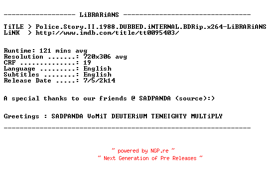 NFO for the release Police.Story.II.1988.DUBBED.iNTERNAL.BDRip.x264-LiBRARiANS by LiBRARiANS