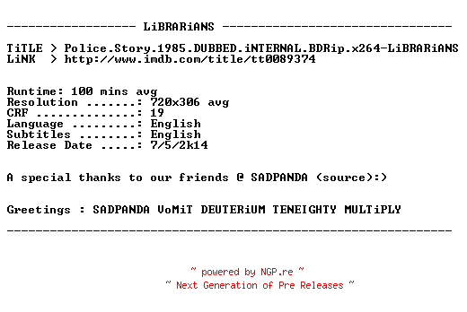 NFO for the release Police.Story.1985.DUBBED.iNTERNAL.BDRip.x264-LiBRARiANS by LiBRARiANS