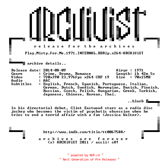 NFO for the release Play.Misty.for.Me.1971.INTERNAL.BDRip.x264-ARCHiViST by ARCHiViST