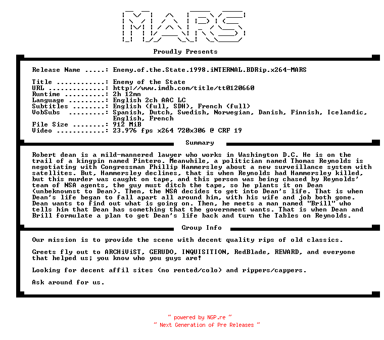 NFO for the release Enemy.of.the.State.1998.iNTERNAL.BDRip.x264-MARS by MARS