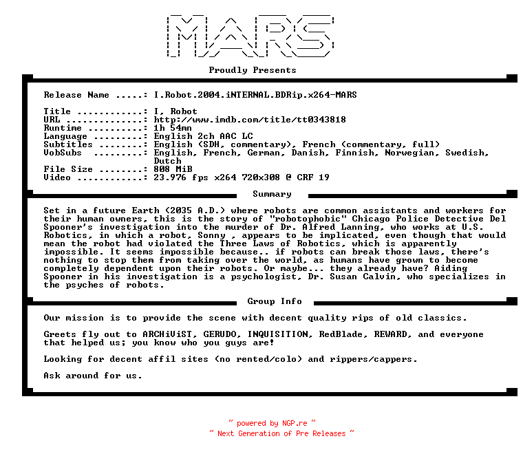 NFO for the release I.Robot.2004.iNTERNAL.BDRip.x264-MARS by MARS