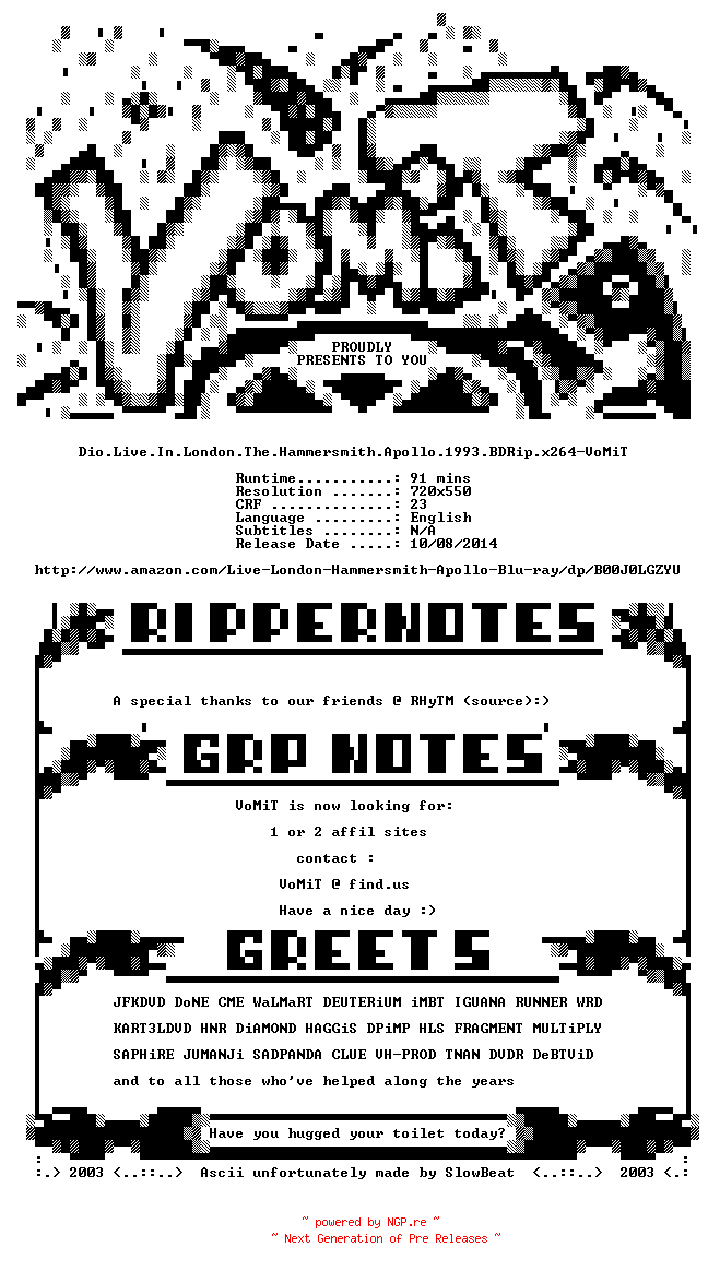 NFO for the release Dio.Live.In.London.The.Hammersmith.Apollo.1993.BDRip.x264-VoMiT by VoMiT