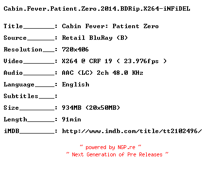 NFO for the release Cabin.Fever.Patient.Zero.2014.BDRip.X264-iNFiDEL by iNFiDEL
