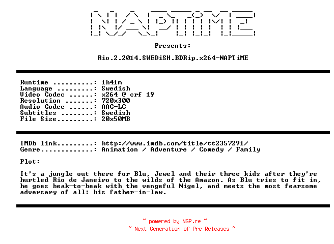 NFO for the release Rio.2.2014.SWEDiSH.BDRip.x264-NAPTiME by NAPTiME