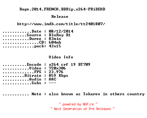 NFO for the release Rage.2014.FRENCH.BDRip.x264-PRiDEHD by PRiDEHD