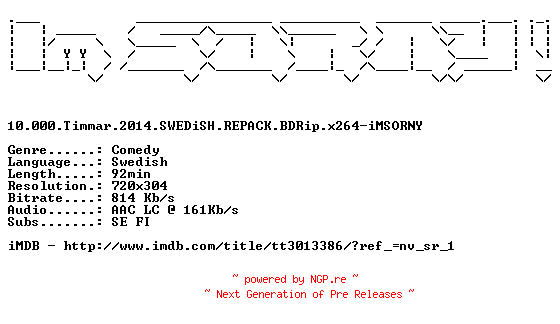 NFO for the release 10.000.Timmar.2014.SWEDiSH.REPACK.BDRip.x264-iMSORNY by iMSORNY
