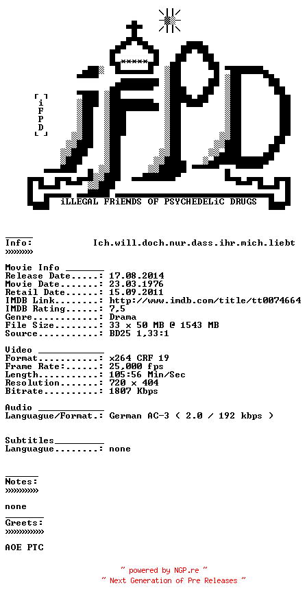 NFO for the release Ich.will.doch.nur.dass.ihr.mich.liebt.German.1976.AC3.BDRiP.x264-iFPD by iFPD