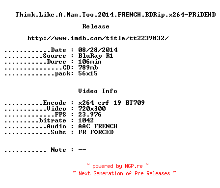NFO for the release Think.Like.A.Man.Too.2014.FRENCH.BDRip.x264-PRiDEHD by PRiDEHD