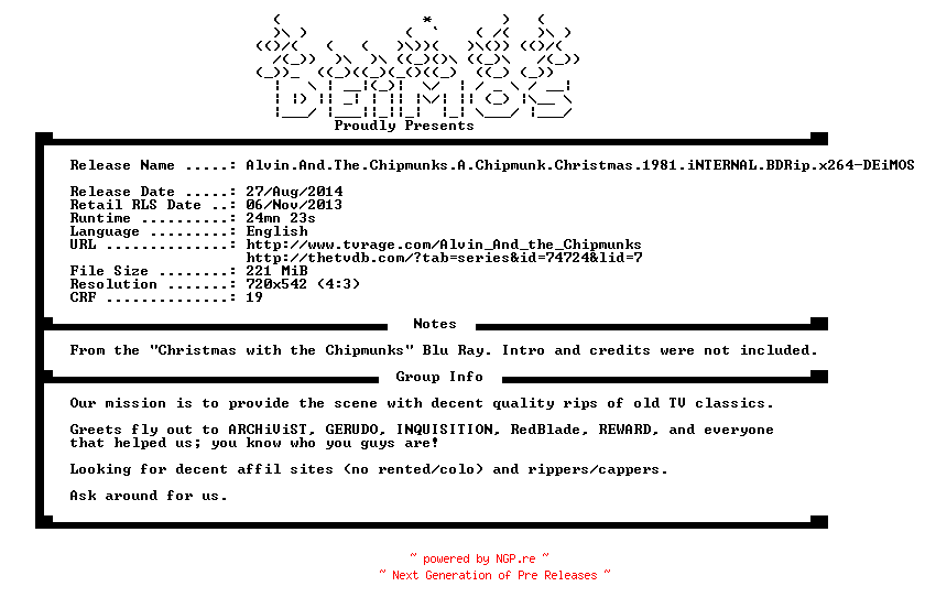NFO for the release Alvin.And.The.Chipmunks.A.Chipmunk.Christmas.1981.iNTERNAL.BDRip.x264-DEiMOS by DEiMOS