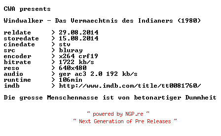 NFO for the release Windwalker.Das.Vermaechtnis.des.Indianers.1980.German.BDRip.x264-CWA by CWA