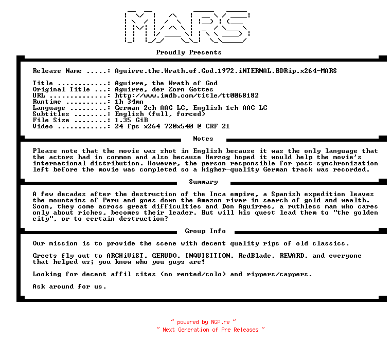 NFO for the release Aguirre.the.Wrath.of.God.1972.iNTERNAL.BDRip.x264-MARS by MARS