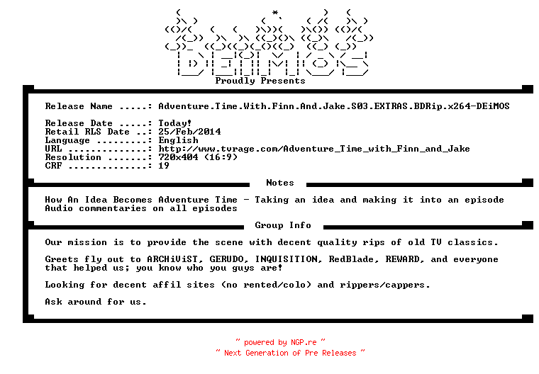 NFO for the release Adventure.Time.With.Finn.And.Jake.S03.EXTRAS.BDRip.x264-DEiMOS by DEiMOS