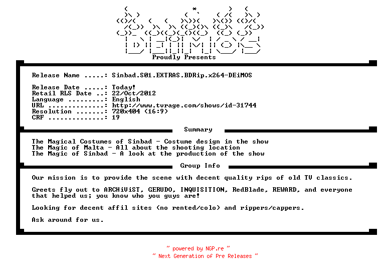 NFO for the release Sinbad.S01.EXTRAS.BDRip.x264-DEiMOS by DEiMOS