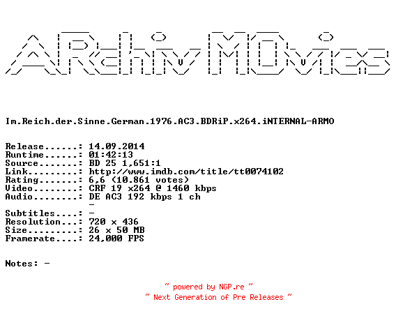 NFO for the release Im.Reich.der.Sinne.German.1976.AC3.BDRiP.x264.iNTERNAL-ARMO by ARMO