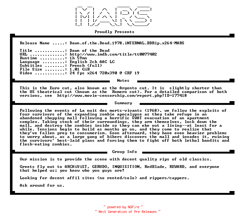 NFO for the release Dawn.of.the.Dead.1978.iNTERNAL.BDRip.x264-MARS by MARS