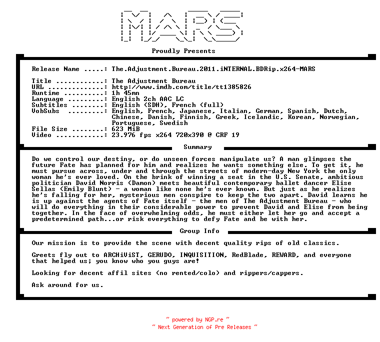 NFO for the release The.Adjustment.Bureau.2011.iNTERNAL.BDRip.x264-MARS by MARS