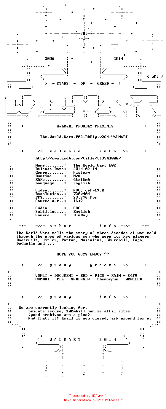 NFO for the release The.World.Wars.E02.BDRip.x264-WaLMaRT by WaLMaRT