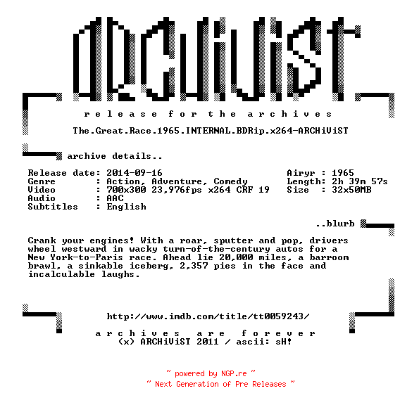 NFO for the release The.Great.Race.1965.INTERNAL.BDRip.x264-ARCHiViST by ARCHiViST