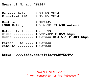 NFO for the release Grace.of.Monaco.German.BDRiP.x264-EXQUiSiTE by EXQUiSiTE