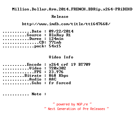 NFO for the release Million.Dollar.Arm.2014.FRENCH.BDRip.x264-PRiDEHD by PRiDEHD