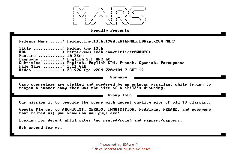NFO for the release Friday.The.13th.1980.iNTERNAL.BDRip.x264-MARS by MARS