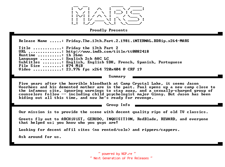 NFO for the release Friday.The.13th.Part.2.1981.iNTERNAL.BDRip.x264-MARS by MARS