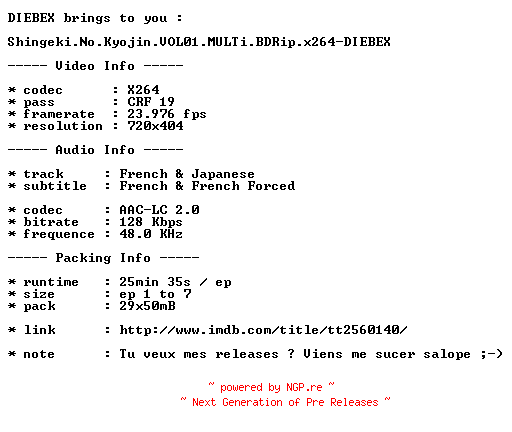 NFO for the release Shingeki.No.Kyojin.VOL01.MULTi.BDRip.x264-DIEBEX by DIEBEX