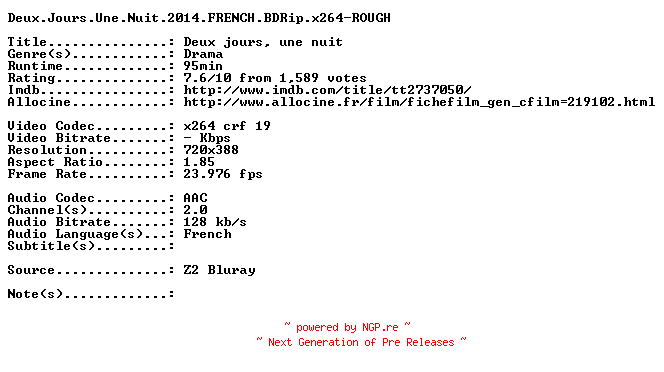 NFO for the release Deux.Jours.Une.Nuit.2014.FRENCH.BDRip.x264-ROUGH by ROUGH