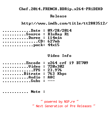NFO for the release Chef.2014.FRENCH.BDRiP.x264-PRiDEHD by PRiDEHD