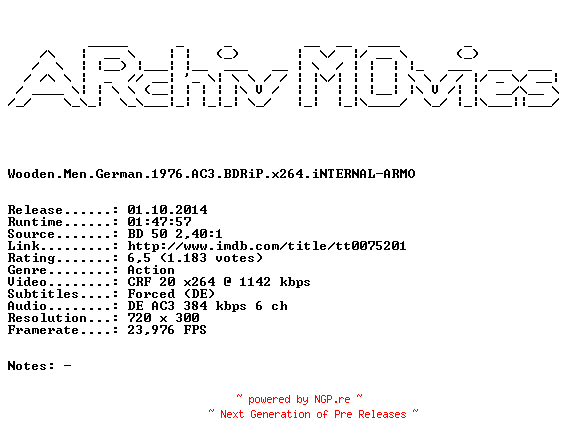 NFO for the release Wooden.Men.German.1976.AC3.BDRiP.x264.iNTERNAL-ARMO by ARMO