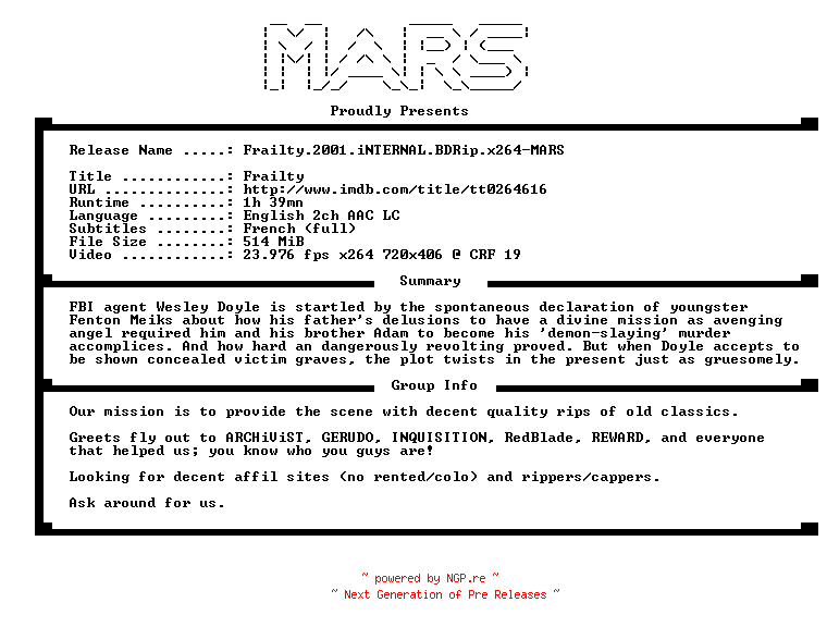 NFO for the release Frailty.2001.iNTERNAL.BDRip.x264-MARS by MARS