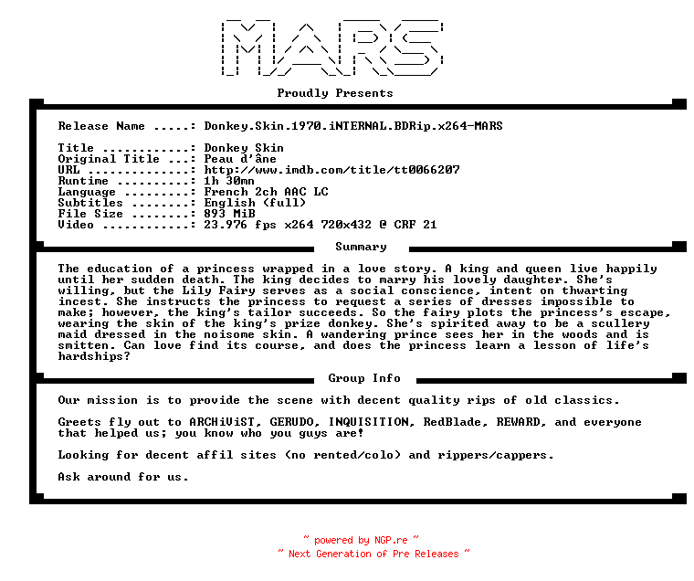 NFO for the release Donkey.Skin.1970.iNTERNAL.BDRip.x264-MARS by MARS