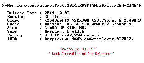 NFO for the release X-Men.Days.of.Future.Past.2014.RUSSIAN.BDRip.x264-GiMBAP by GiMBAP