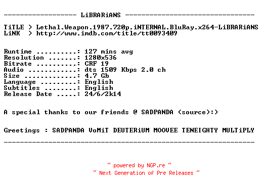 NFO for the release Lethal.Weapon.4.1998.720p.iNTERNAL.BluRay.x264-LiBRARiANS by LiBRARiANS