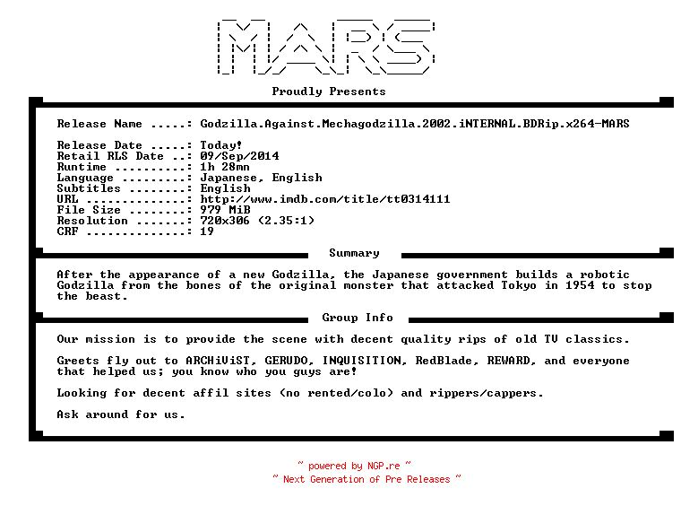 NFO for the release Godzilla.Against.Mechagodzilla.2002.iNTERNAL.BDRip.x264-MARS by MARS