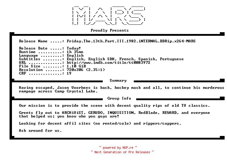 NFO for the release Friday.The.13th.Part.III.1982.iNTERNAL.BDRip.x264-MARS by MARS