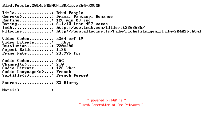 NFO for the release Bird.People.2014.FRENCH.BDRip.x264-ROUGH by ROUGH
