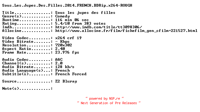 NFO for the release Sous.Les.Jupes.Des.Filles.2014.FRENCH.BDRip.x264-ROUGH by ROUGH