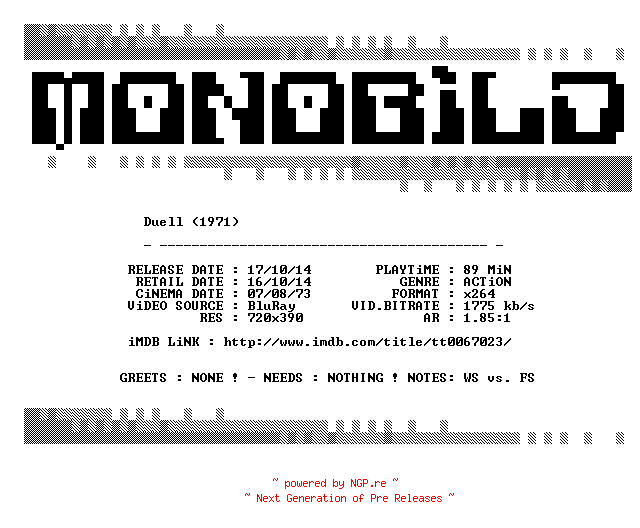 NFO for the release Duell.1971.German.BDRip.x264-MONOBiLD by MONOBiLD