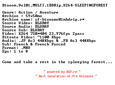 NFO for the release Btooom.Vol01.MULTI.BDRip.X264-SLEEPINGFOREST by SLEEPINGFOREST