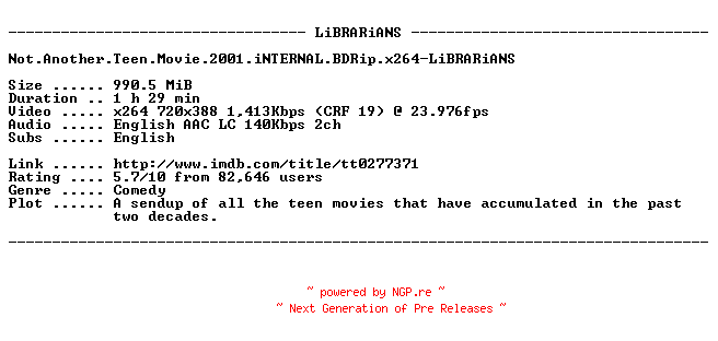 NFO for the release Not.Another.Teen.Movie.2001.iNTERNAL.BDRip.x264-LiBRARiANS by LiBRARiANS