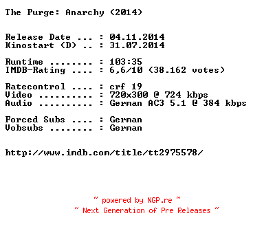 NFO for the release The.Purge.Anarchy.German.BDRiP.x264-EXQUiSiTE by EXQUiSiTE